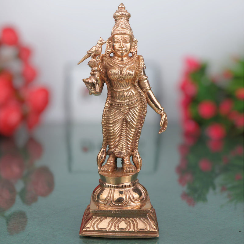 Bronze Meenakshi Amman Idol, Madurai Meenakshi Ambal Sundareshwari Shakti Devi Chola Style Murti for Home Temple Pooja Decor, Gold, 6 Inch, 1 Piece