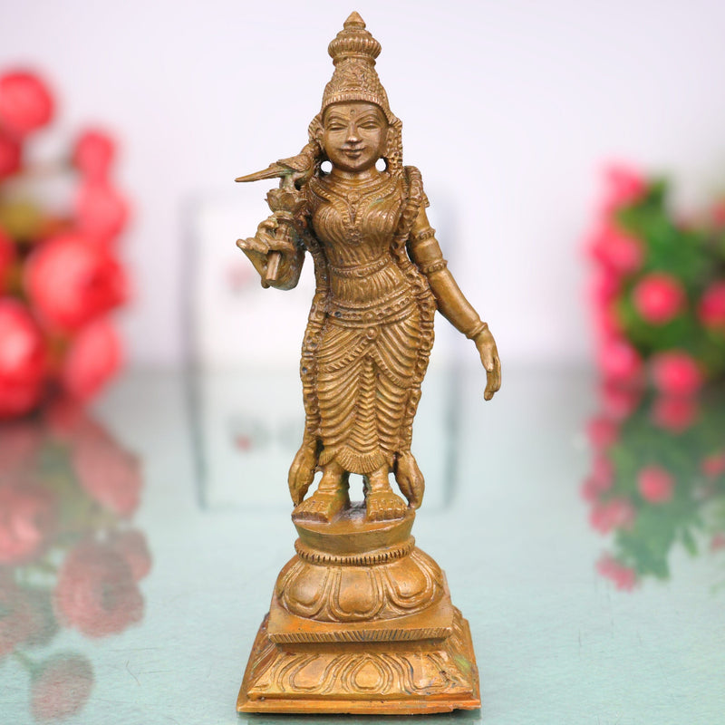 Bronze Meenakshi Amman Idol, Madurai Meenakshi Ambal Devi Murti, South Indian Chola Style Kamsya Panchaloha Vigraha for Home Temple Pooja, Brown, 6 Inch, 1 Piece