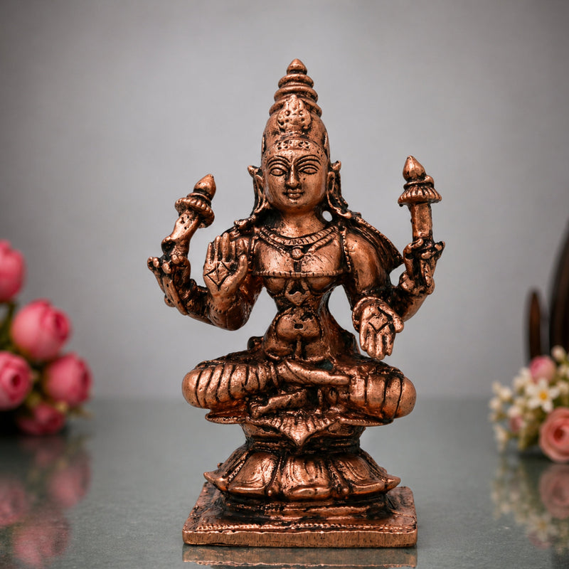 Copper Mahalakshmi Lakshmi Devi Murti Idol Tamra Lakshmi Mata Kamala Padma Vigraha for Pooja Decor Gift, Brown, 4 Inch, 1 Piece