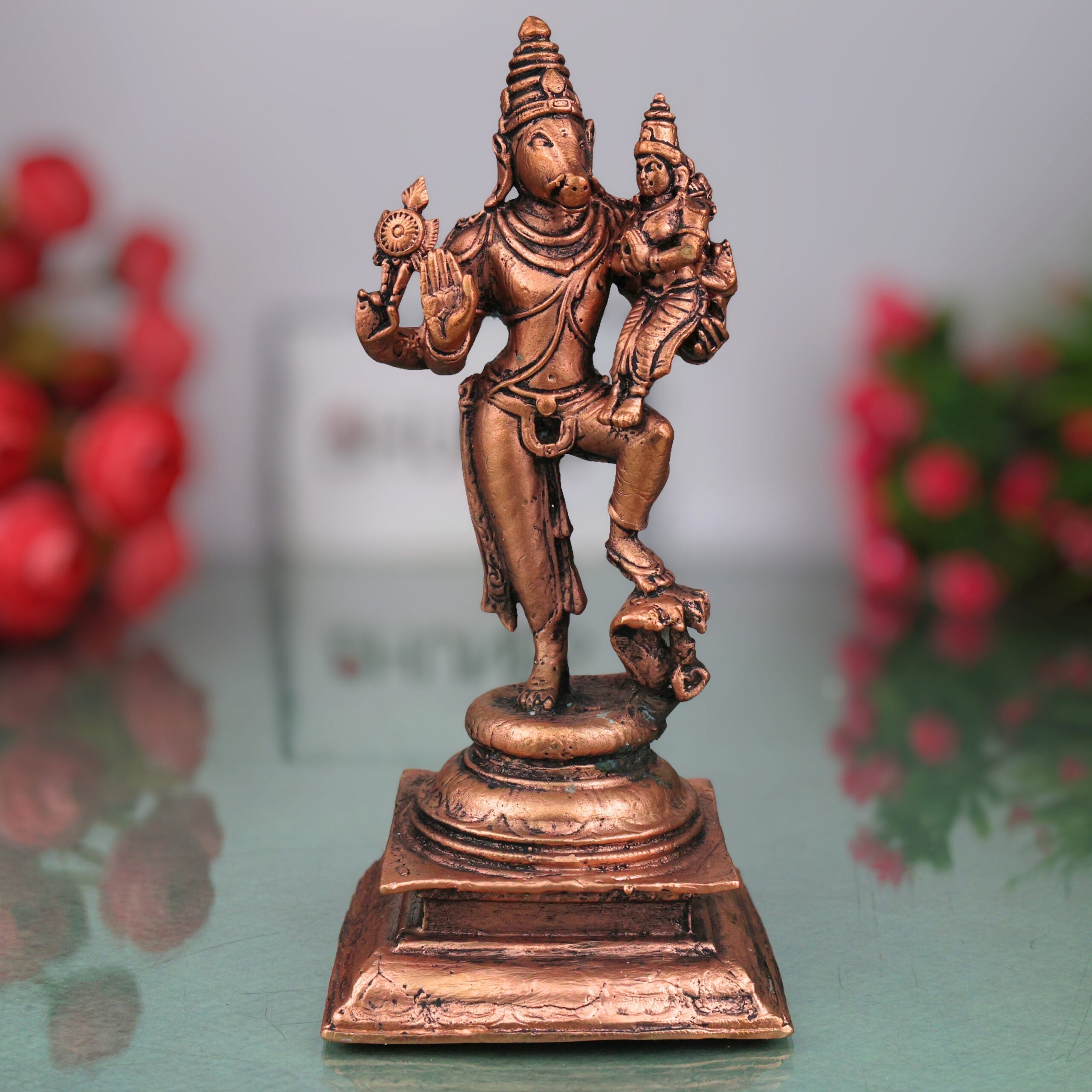 Copper Varaha Lakshmi Idol, Tamra Mahalakshmi Varaha Swamy Vigraha Murti for Pooja, Mandir & Vastu Home Decor, Brown, 8 Inch, 1 Piece