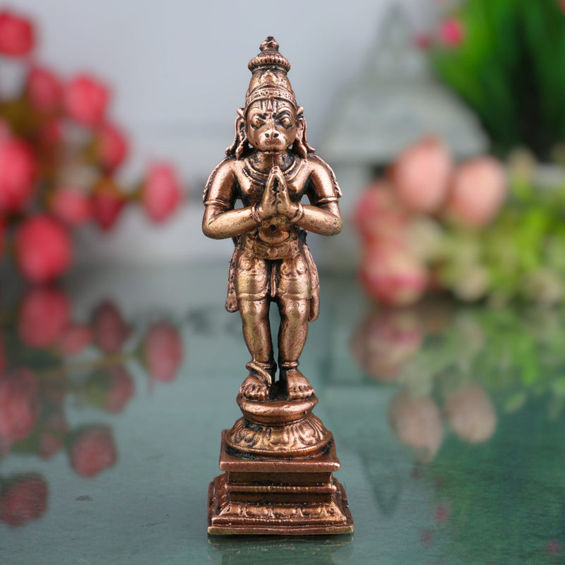 Copper Hanuman Idol,Tamra Anjaneya Maruti Bajrangbali Vigraham, Ramdoot Sankat Mochan Pooja Murti for Home Temple Decor, Brown, 4 Inch, 1 Piece