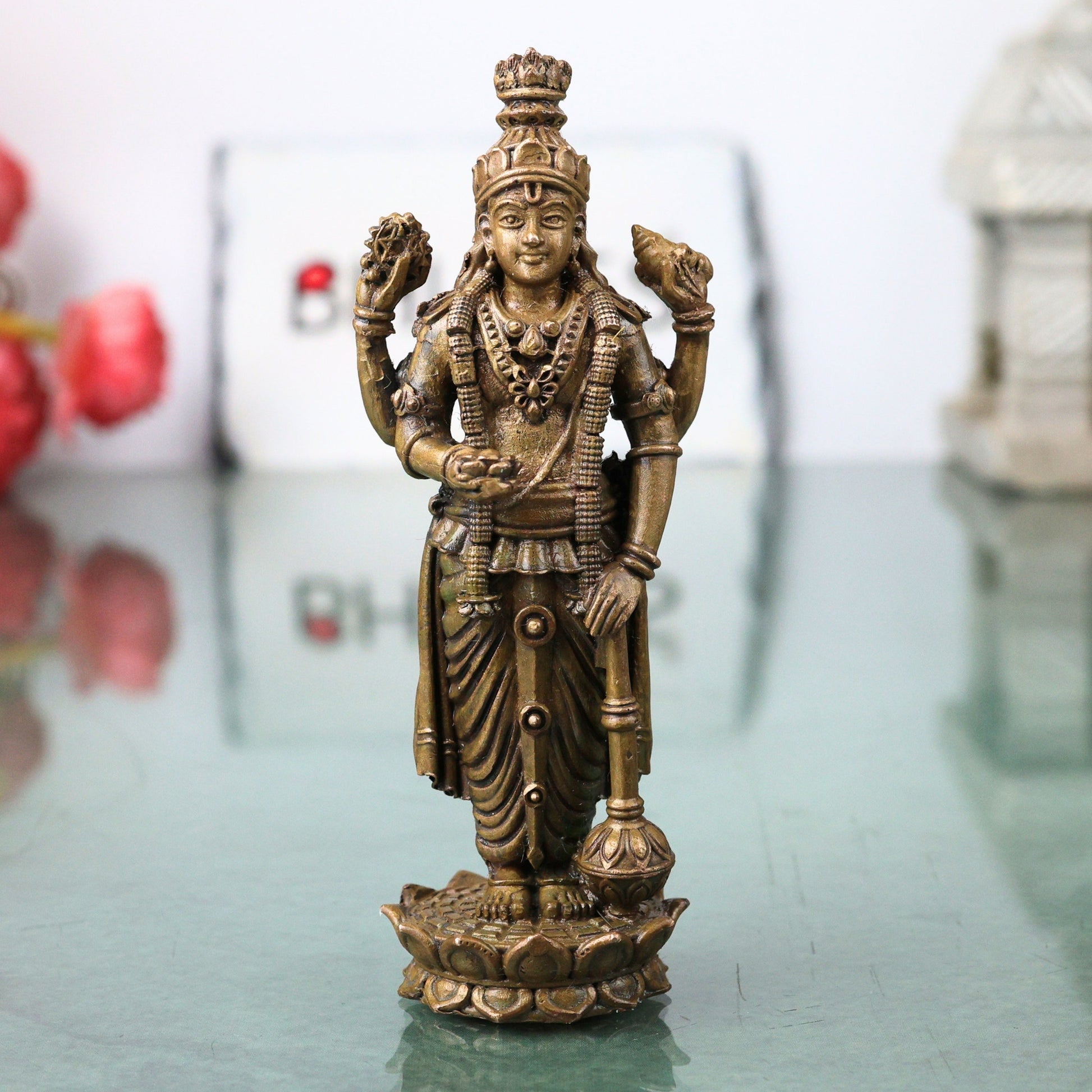 Bronze Vishnu Idol Narayana Perumal Mahavishnu Balaji Venkateswara Murti for Pooja Home Decor, Brown, 4 Inch, 1 Piece