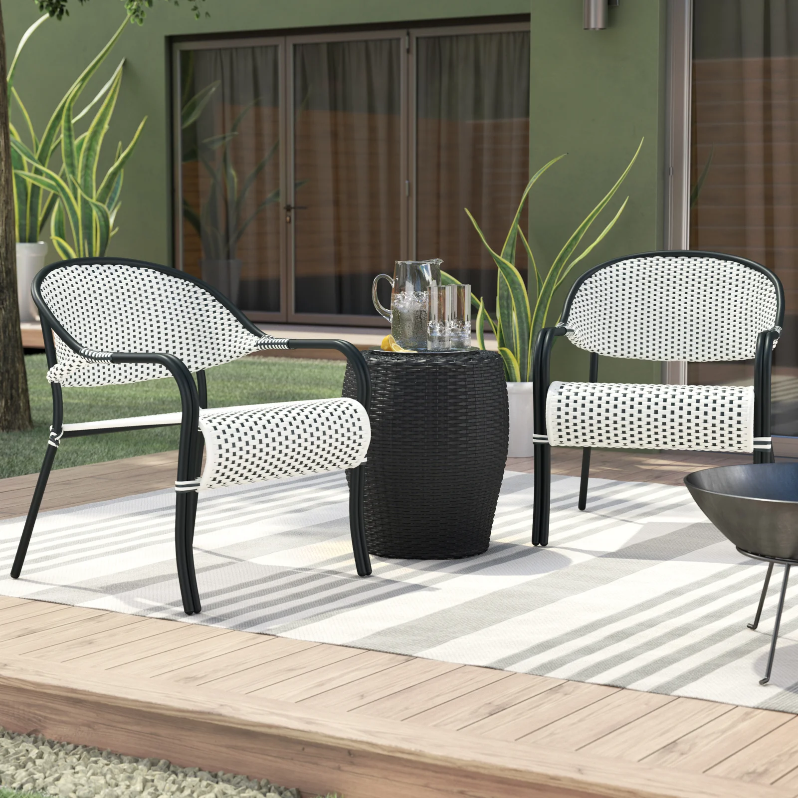 Shore Outdoor Patio Seating Set 2 Chairs and 1 Table Set (Black + White)