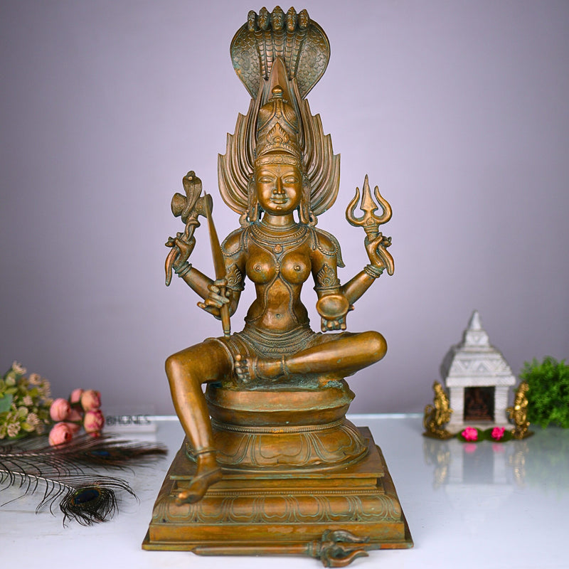Exquisite Handmade Bronze Goddess Mariamman Idol - 55 cmVigraham Decor, Brown, 21.5 Inch, 1 Piece