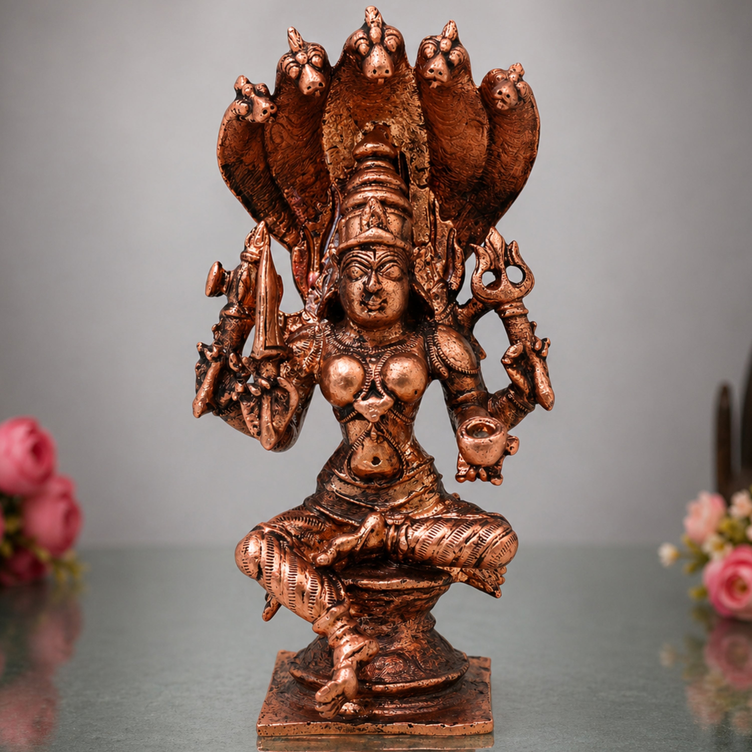 Copper Mariamman Idol Mariamma Devi Muthu Mariamman Murti Samayapuram Amman Statue for Pooja Home Decor Temple Vigraham Tamra Shakti Gramadevata Renuka Yellamma Sitala Mata Sculpture, Brown, 4.5 Inch, 1 Piece