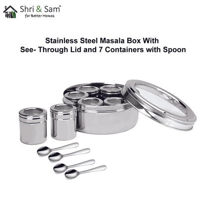 Stainless Steel Small Masala Box with See Through Lid and 7 Containers with Spoon