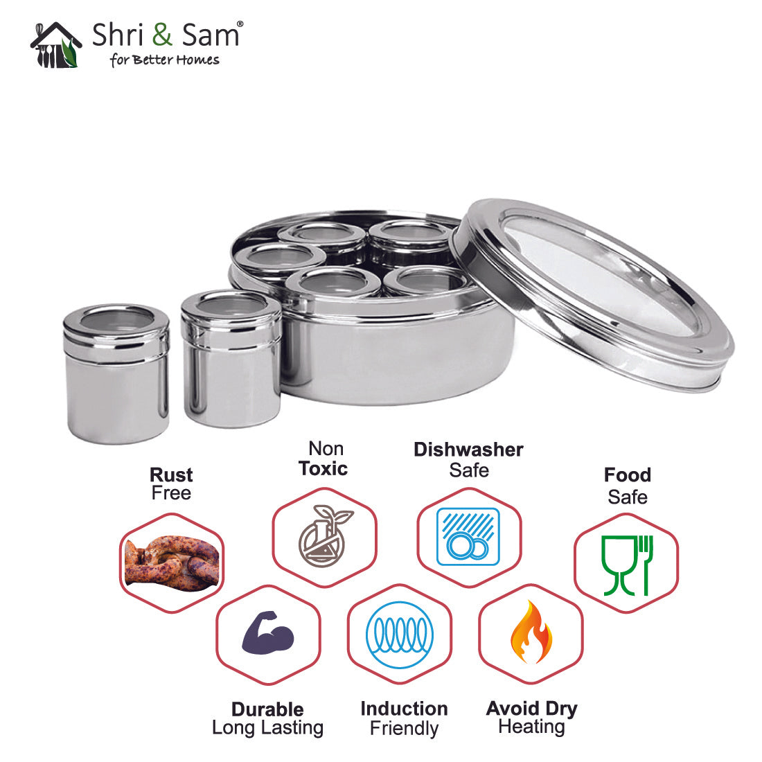 Stainless Steel Small Masala Box with See Through Lid and 7 Containers with Spoon