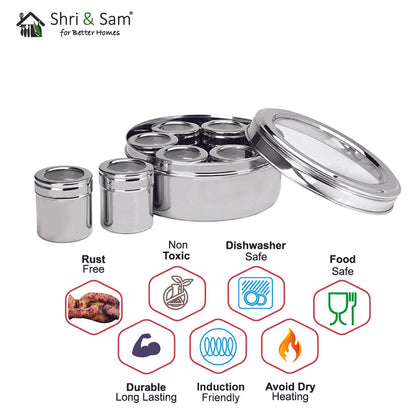 Stainless Steel Small Masala Box with See Through Lid and 7 Containers with Spoon