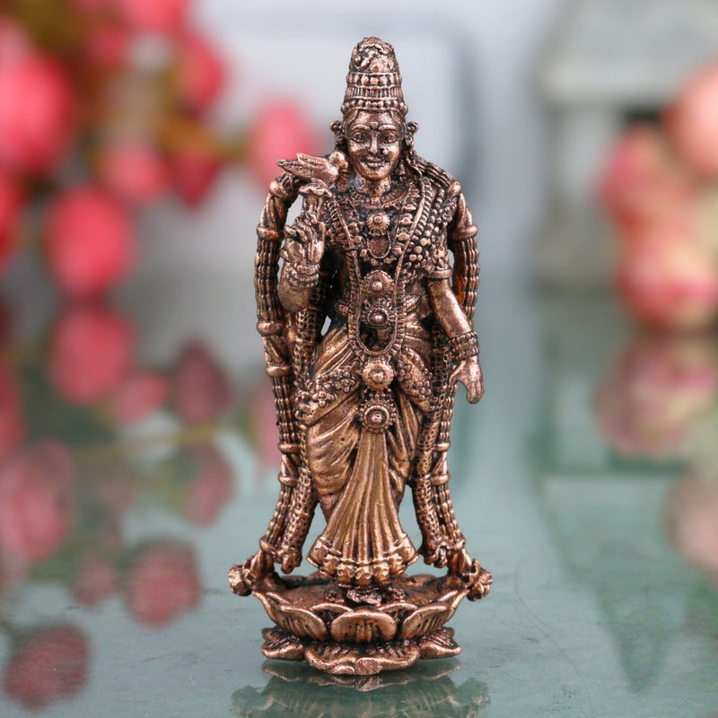 Copper Meenakshi Amman Idol, Handcrafted Meenatchi Meenalochani Sundareswari Tamra Vigraham for Home Pooja & Decor, Brown, 3 Inch, 1 Piece