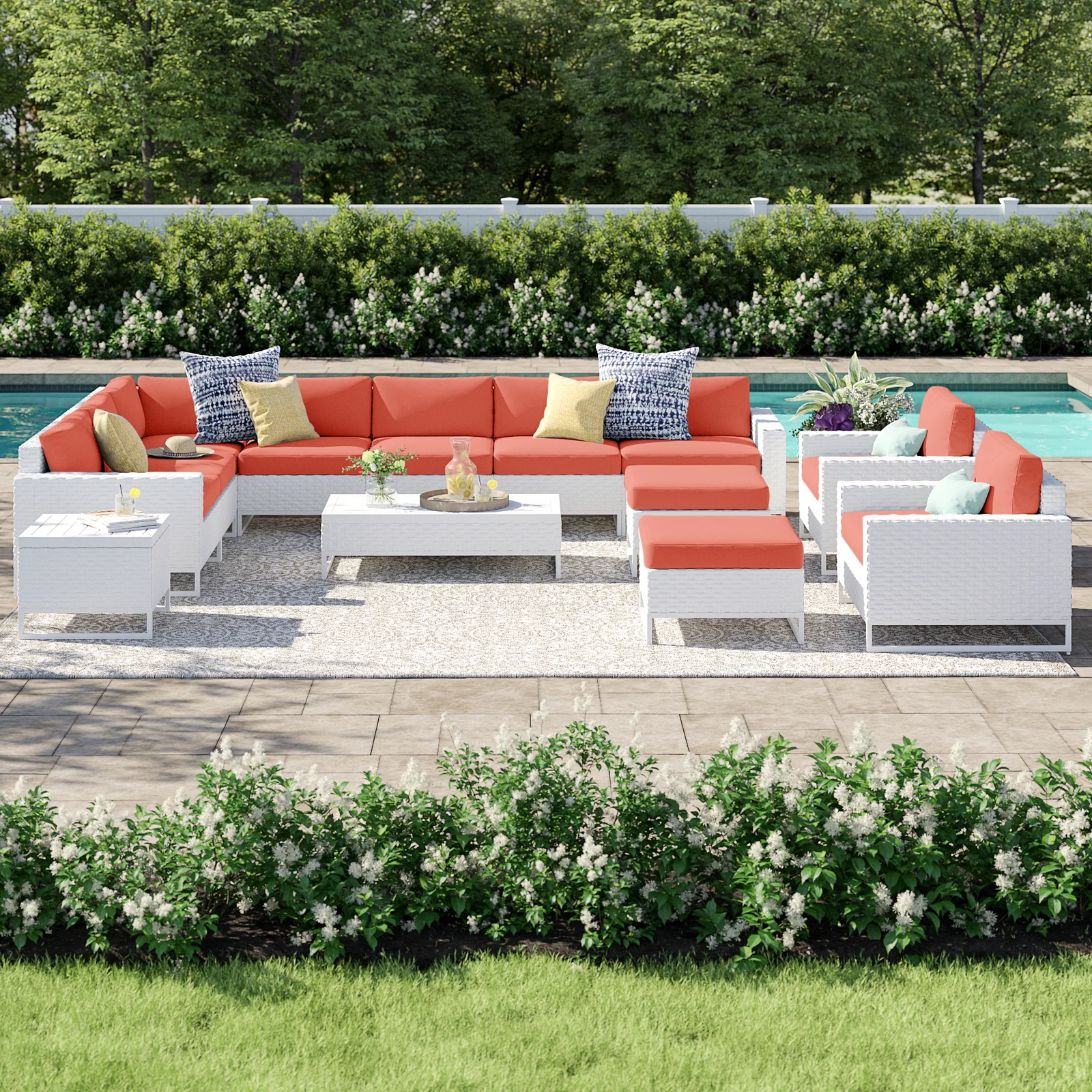 Angerona Outdoor Sofa Set 7 Seater, 2 Single seater and 1 Center Table, 1 Side Table With 2 Ottoman Set (White)