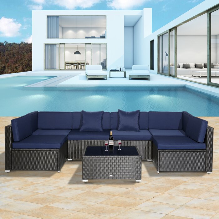 Castiglione Outdoor Patio Sofa Set 6 seater and 1 Center Table (Black)