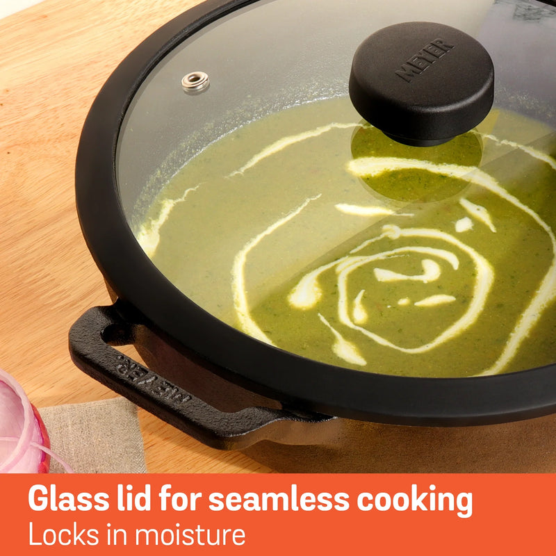 Meyer Pre Seasoned Cast Iron shallow Kadai With Glass Lid ,26cm