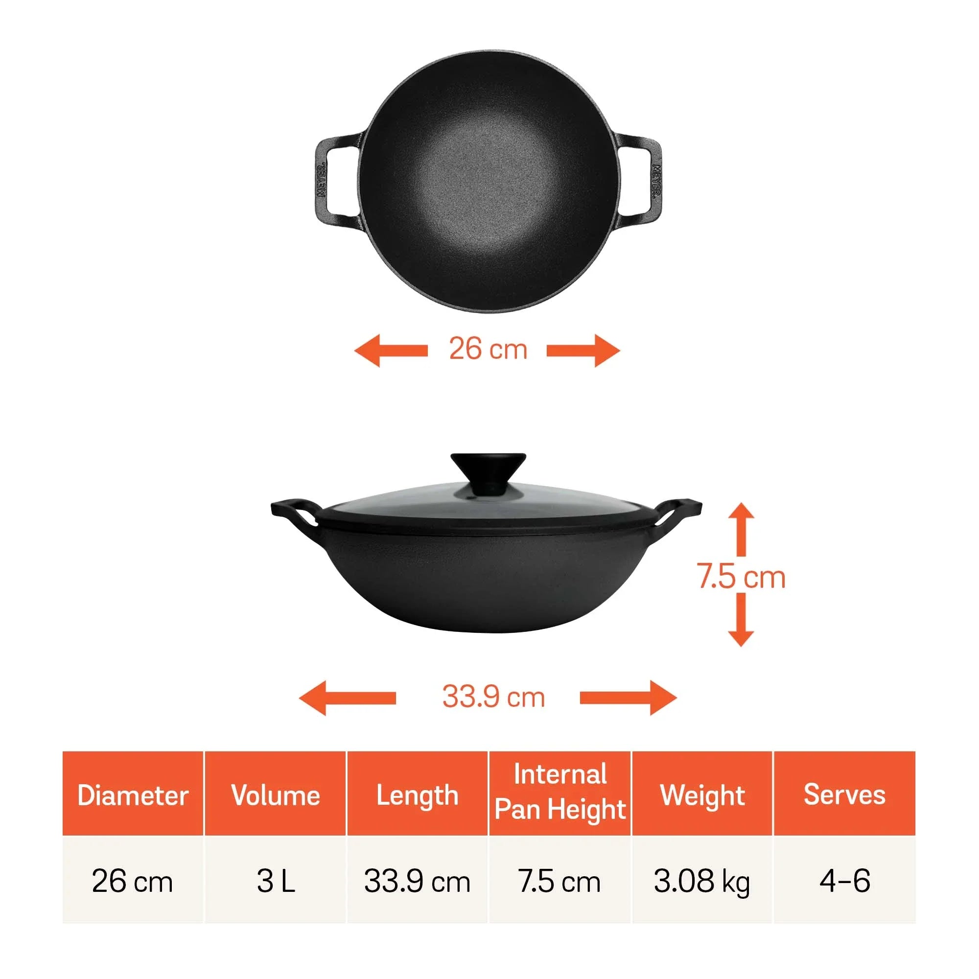 Meyer Pre Seasoned Cast Iron shallow Kadai With Glass Lid ,26cm