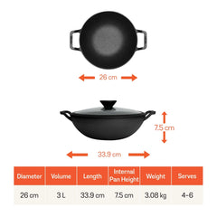 Meyer Pre Seasoned Cast Iron shallow Kadai With Glass Lid ,26cm