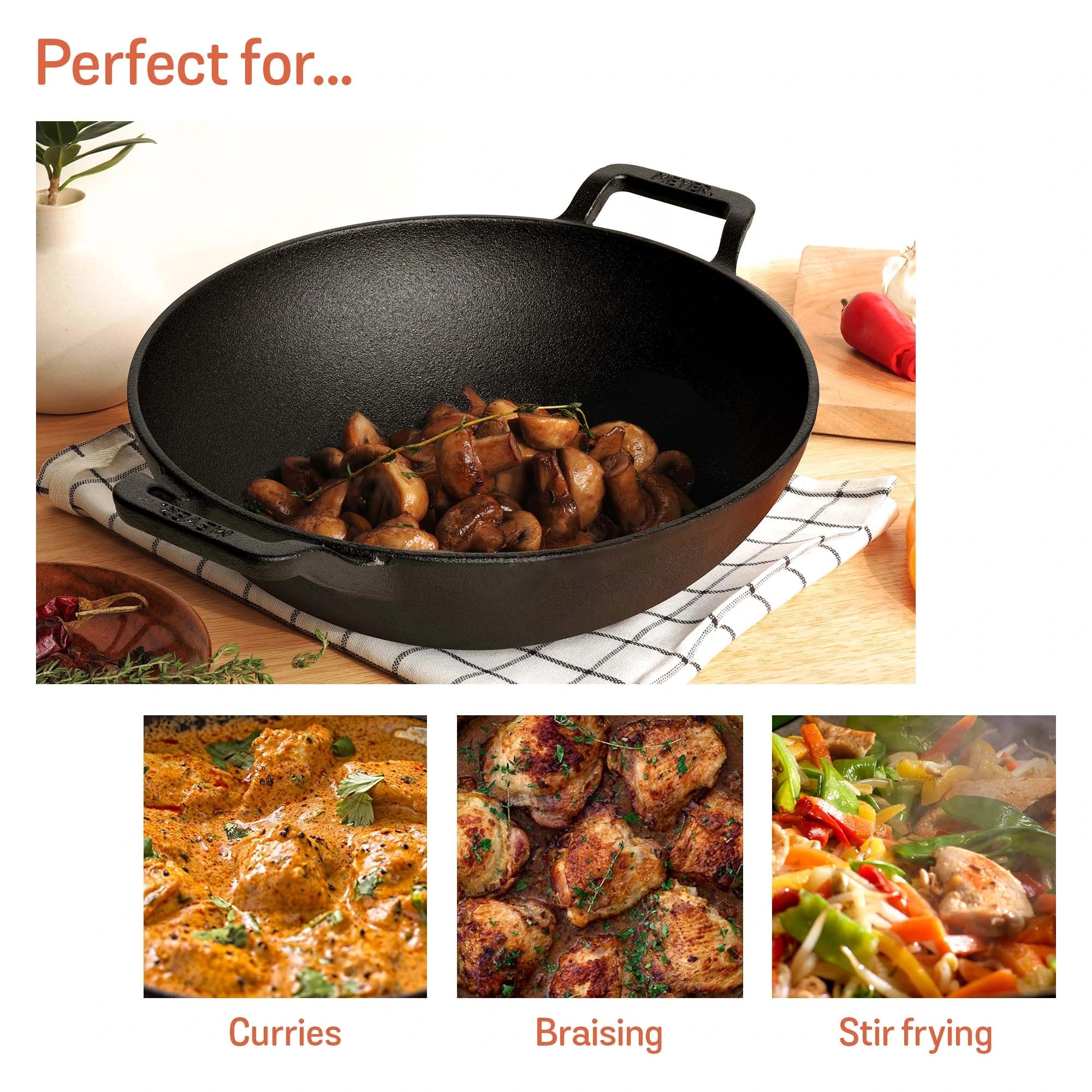 Meyer Pre- Seasoned Cast Iron 3 Piece Cookware Set - 26cm Skillet + 26cm Kadai with Interchangeable Lid, Black