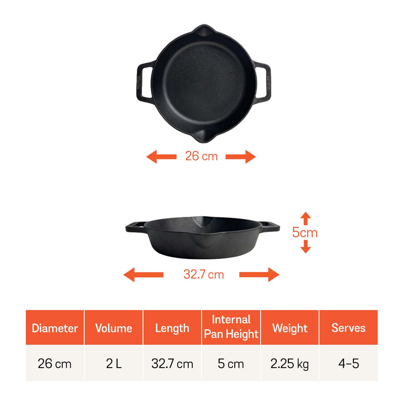 Meyer Pre-Seasoned Cast Iron double Handle skillet 26cm, Black