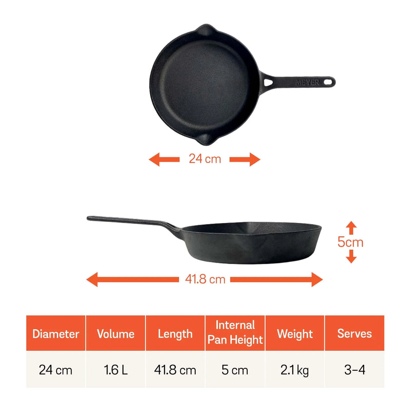 Meyer Pre-Seasoned Cast iron Frypan/Skillet single handle, 24cm