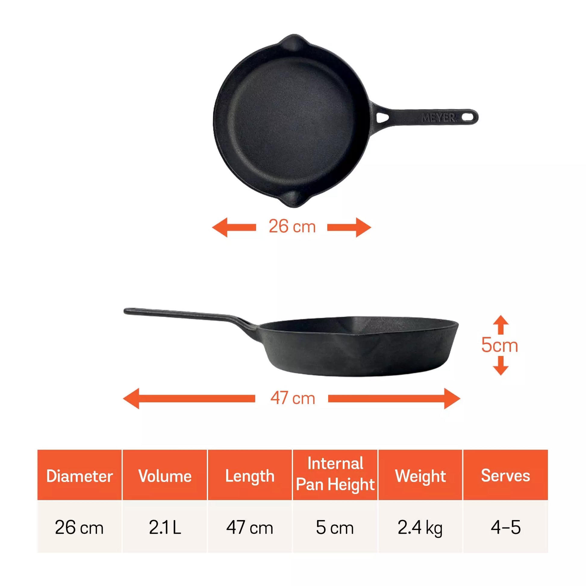 Meyer Pre-Seasoned Cast iron Frypan/Skillet single handle, 26cm