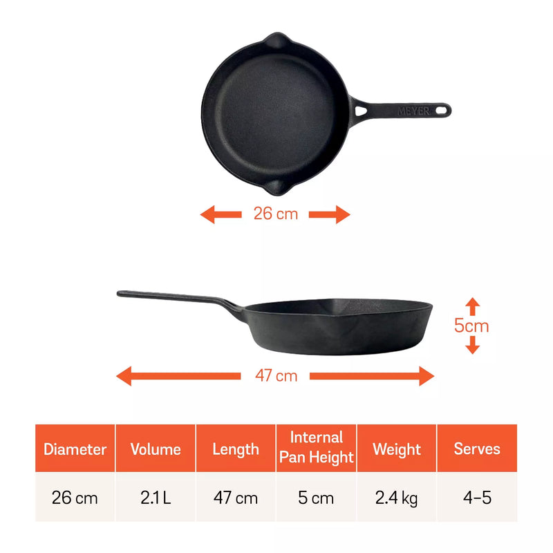 Meyer Pre-Seasoned Cast iron Frypan/Skillet single handle, 26cm