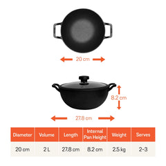 Meyer Pre Seasoned Cast Iron Deep Kadai/Wok with Glass Lid , 20cm