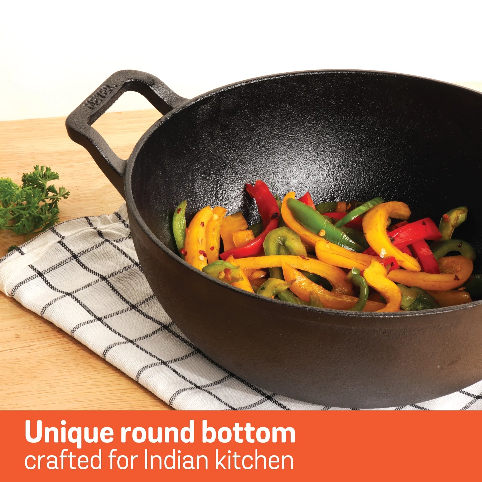 Meyer Pre Seasoned Cast Iron curved Kadai without Lid, 20cm