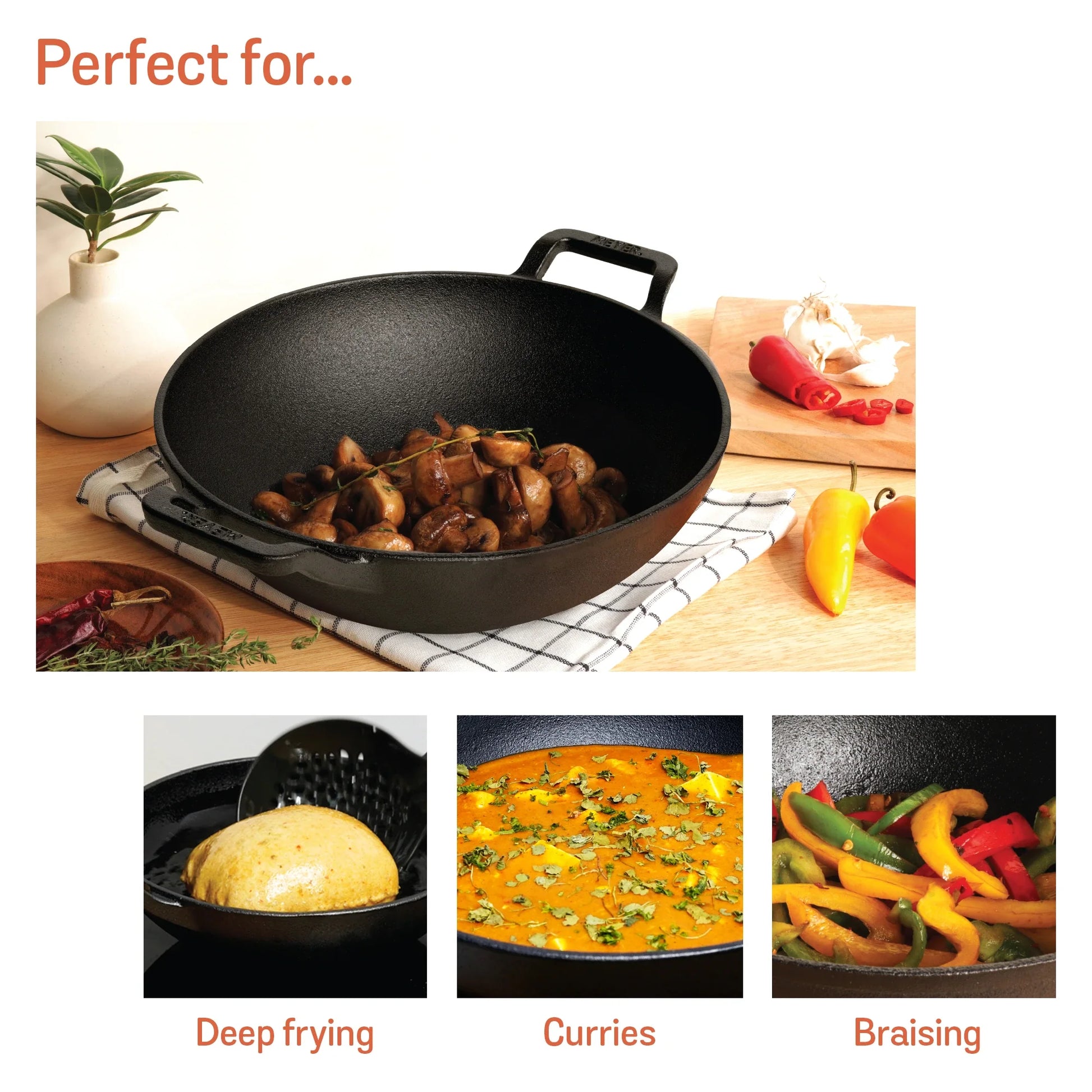 Meyer Pre Seasoned Cast Iron curved Kadai without Lid, 26cm