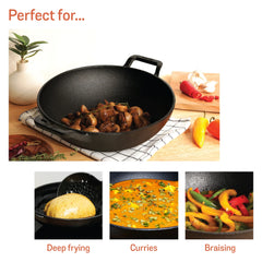 Meyer Pre Seasoned Cast Iron curved Kadai without Lid, 26cm