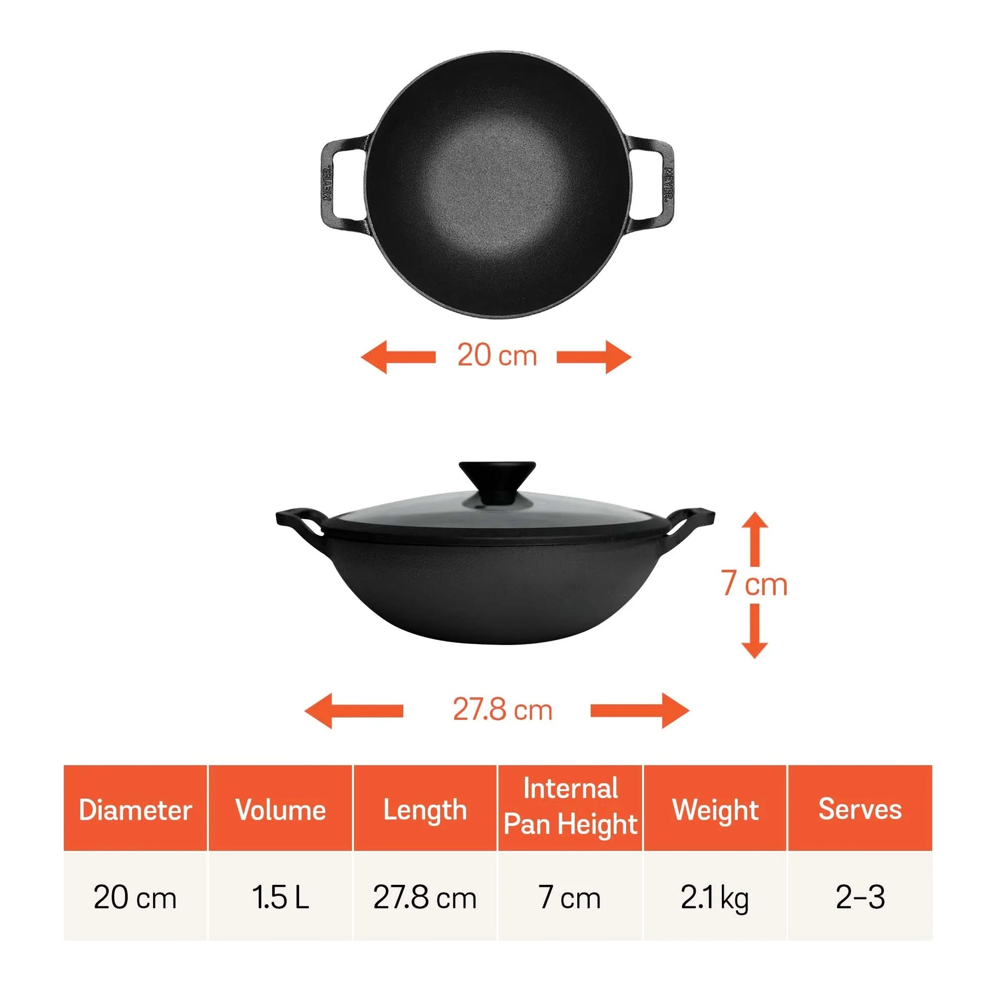 Meyer Pre Seasoned Cast Iron shallow Kadai With Glass Lid ,20cm