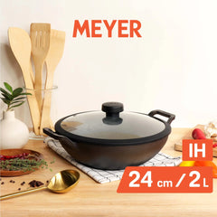 Meyer Pre Seasoned Cast Iron shallow Kadai With Glass Lid ,24cm