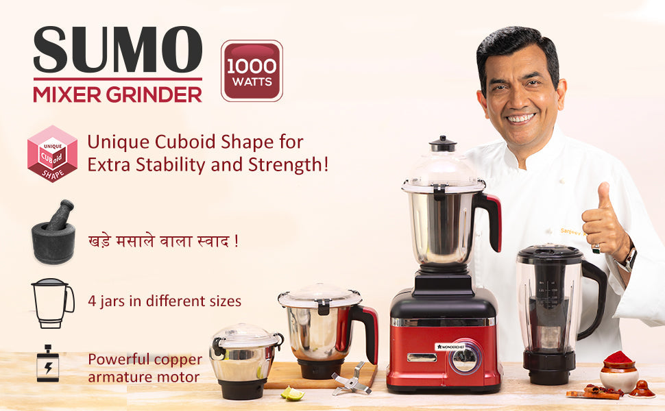 Sumo Mixer Grinder 1000W With 3 Stainless Steel & 1 Fruit Filter Jar 5 Years Warranty On Motor, Rust And Black, Long life motor