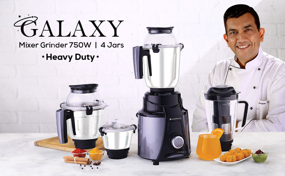 Galaxy Mixer Grinder 750W 100% Copper Motor, 4 Stainless Steel Jars, Black & Grey, 5 Years Warranty