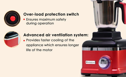 Sumo Mixer Grinder 1000W With 3 Stainless Steel & 1 Fruit Filter Jar 5 Years Warranty On Motor, Rust And Black, Long life motor