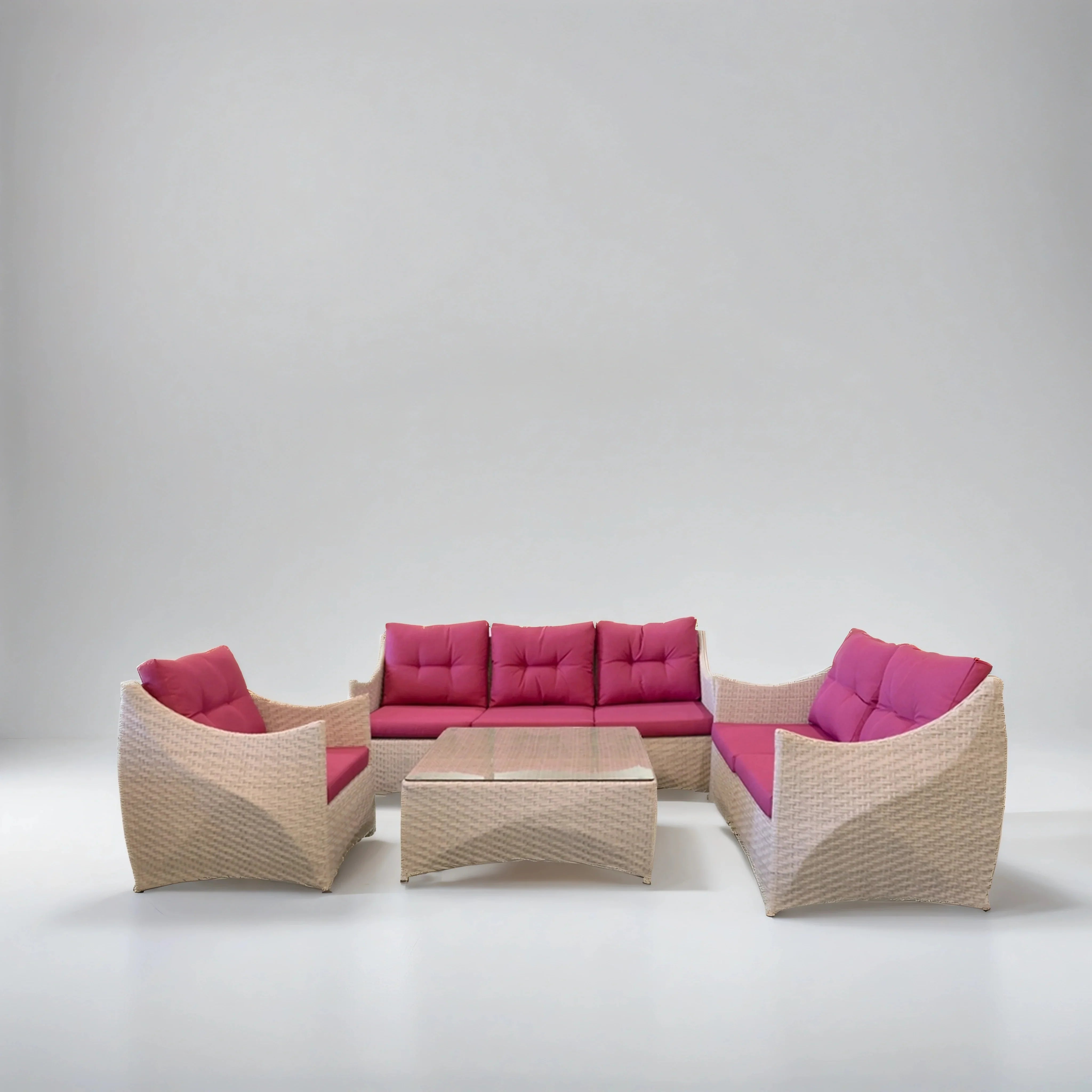 Avila Outdoor Garden Balcony Sofa Set 3 Seater, 2 Seater, 1 Single Seater and 1 Center Table Set (Cream & Pink)