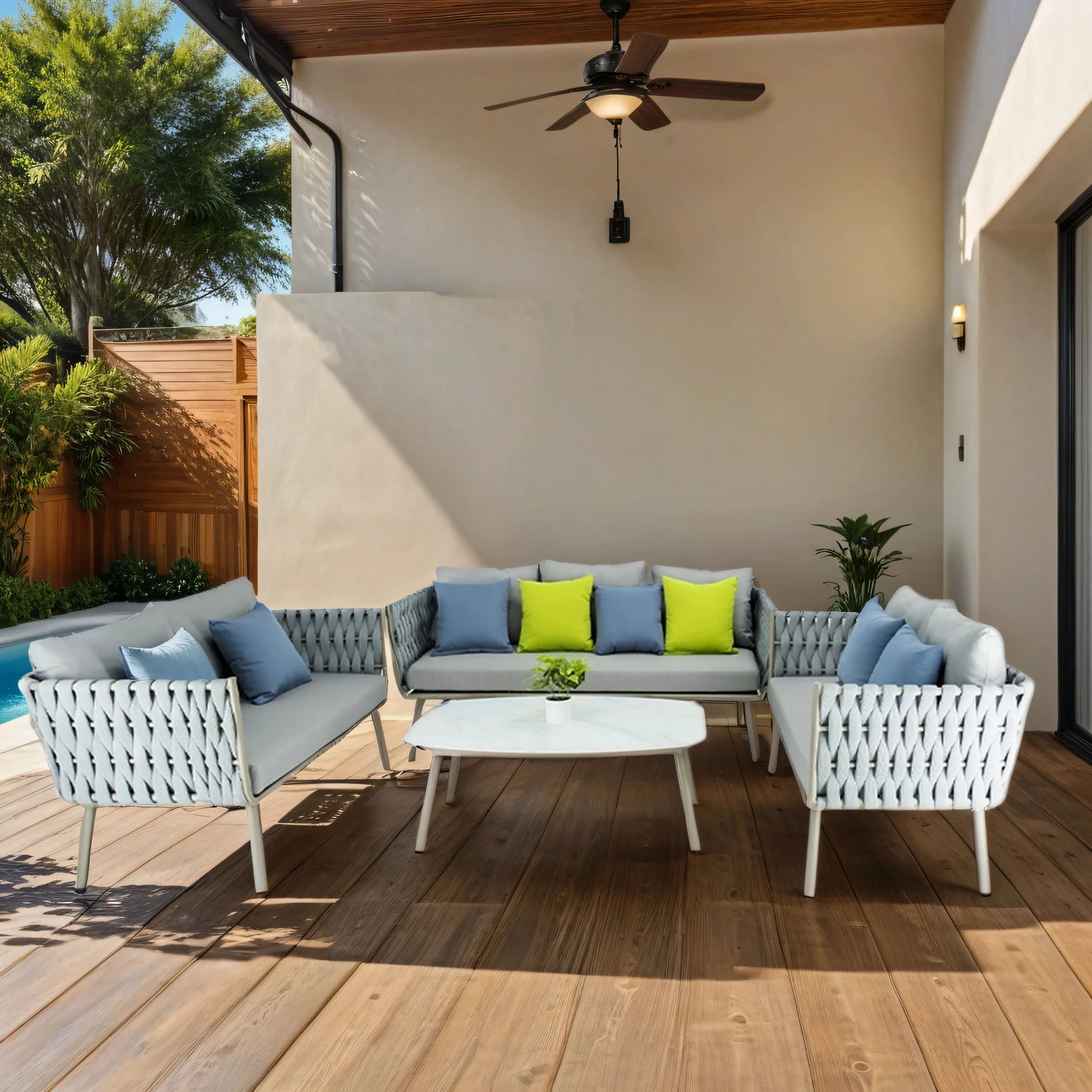 Blasco Outdoor Sofa Set 3 Seater , 2 Double seater and 1 Center Table (Grey) Braided & Rope