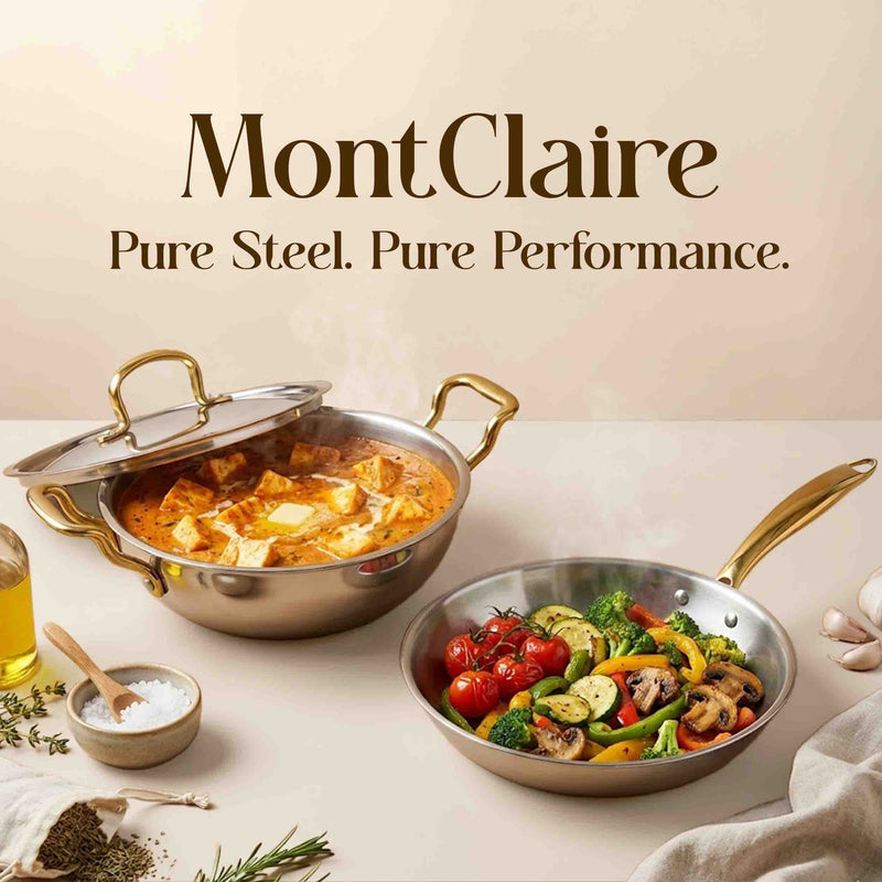 MontClaire Triply Kadai with Golden Handle - 22cm(8.6 Inch), 2.3L Capacity