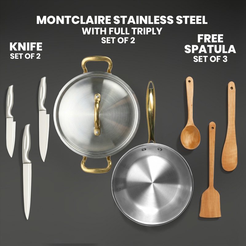 MontClaire Triply Kadai with Golden Handle - 22cm(8.6 Inch), 2.3L Capacity