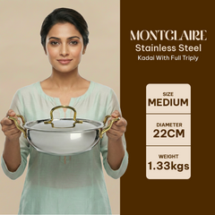 MontClaire Triply Kadai with Golden Handle - 22cm(8.6 Inch), 2.3L Capacity
