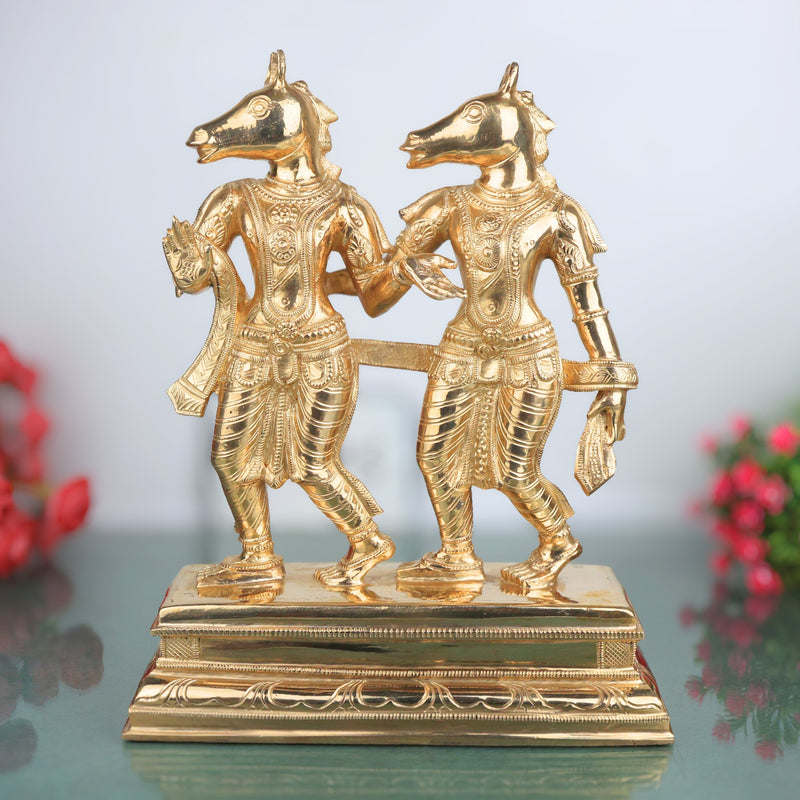 Ashwini Kumar Bronze Idol Murti Vigraha, Ashvini Deva Devata Panchaloha Chola Style South Indian Temple Statue for Puja & Home Installation, Gold, 13 Inch, 1 Piece