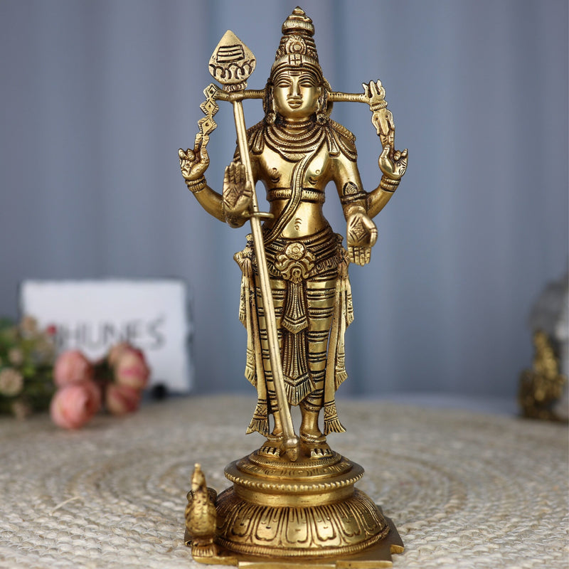 Bhunes Brass Lord Murugan Idol | Kartikeya Statue | Karthikeyan Silai | Kumara Swami Murti | Subramanya Skanda Mahasena | Shanmukha, Gold, 11 Inch, 1 Piece