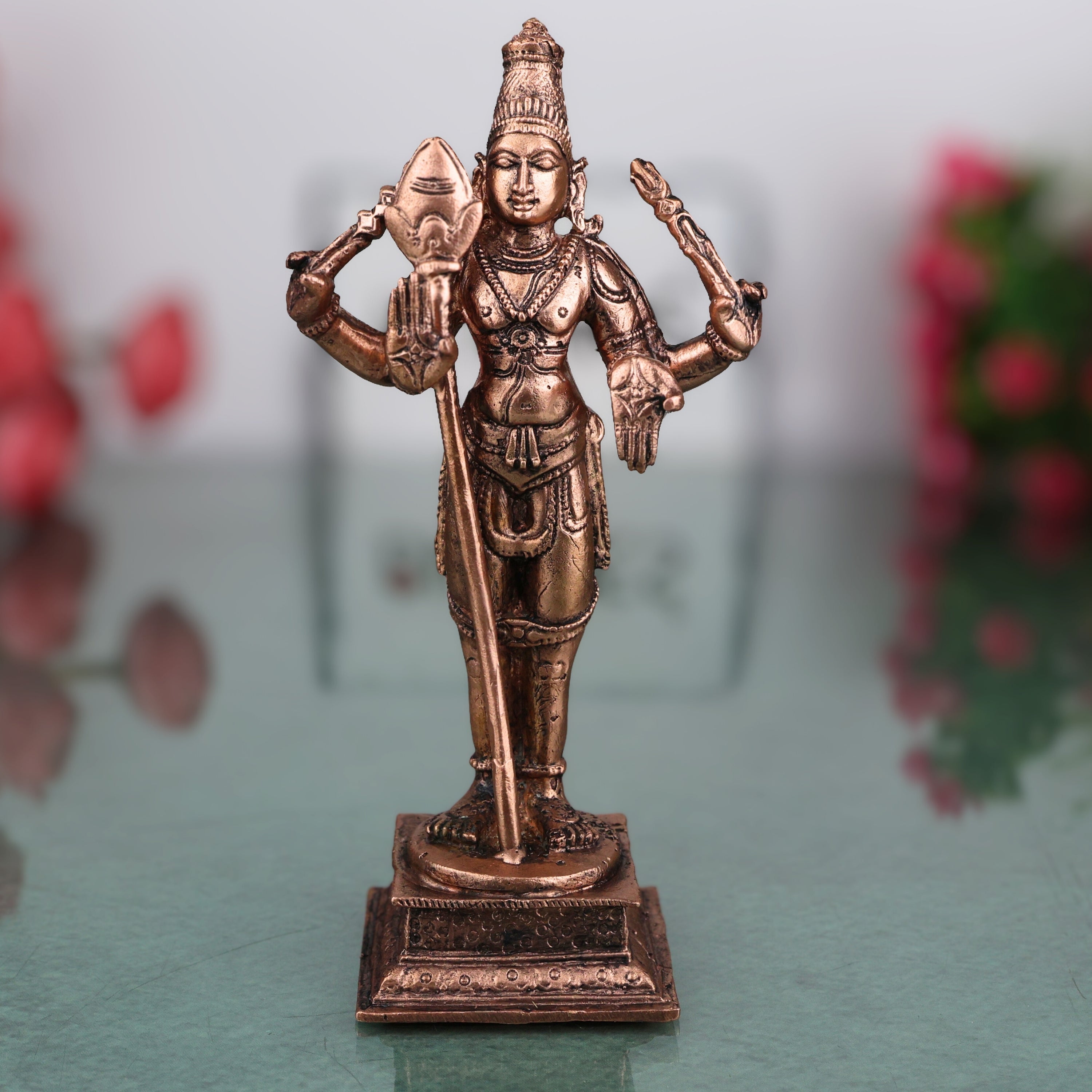 Copper Murugan Idol Kartikeya Skanda Subramanya Shanmukha Kumara Swaminatha Velmurugan Dandapani Saravana Bhava Puja Vigraha Statue for Home Temple Decor, Brown, 5.5 Inch, 1 Piece