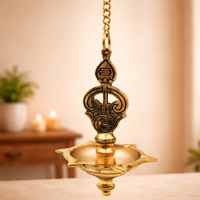 Brass Murugan Hanging Lamp Kartikeya Subramanya Skanda Shanmukha Arumuga Saravana Kumara Swamy Vilakku Traditional South Indian Temple Pooja Hanging Deepam Mayil Vel Muruga Diya Decor, Gold, 22.5 Inch, 1 Piece