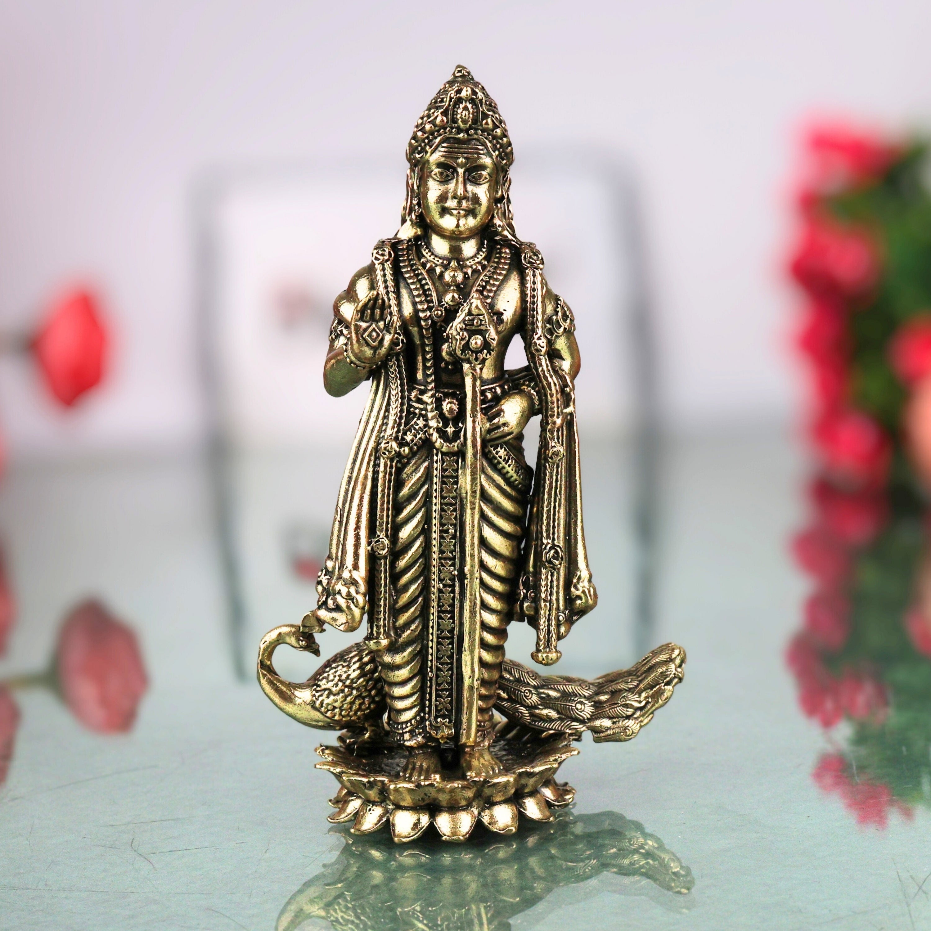 Brass Murugan Idol Kartikeya Skanda Subramanya Shanmukha Arumugam Saravana Vel Mayilvahanan Pital Peetal Murti for Puja Mandir Home Decor, Gold, 4.5 Inch, 1 Piece
