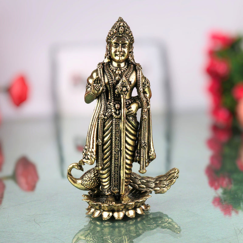 Brass Murugan Idol Kartikeya Skanda Subramanya Shanmukha Arumugam Saravana Vel Mayilvahanan Pital Peetal Murti for Puja Mandir Home Decor, Gold, 4.5 Inch, 1 Piece