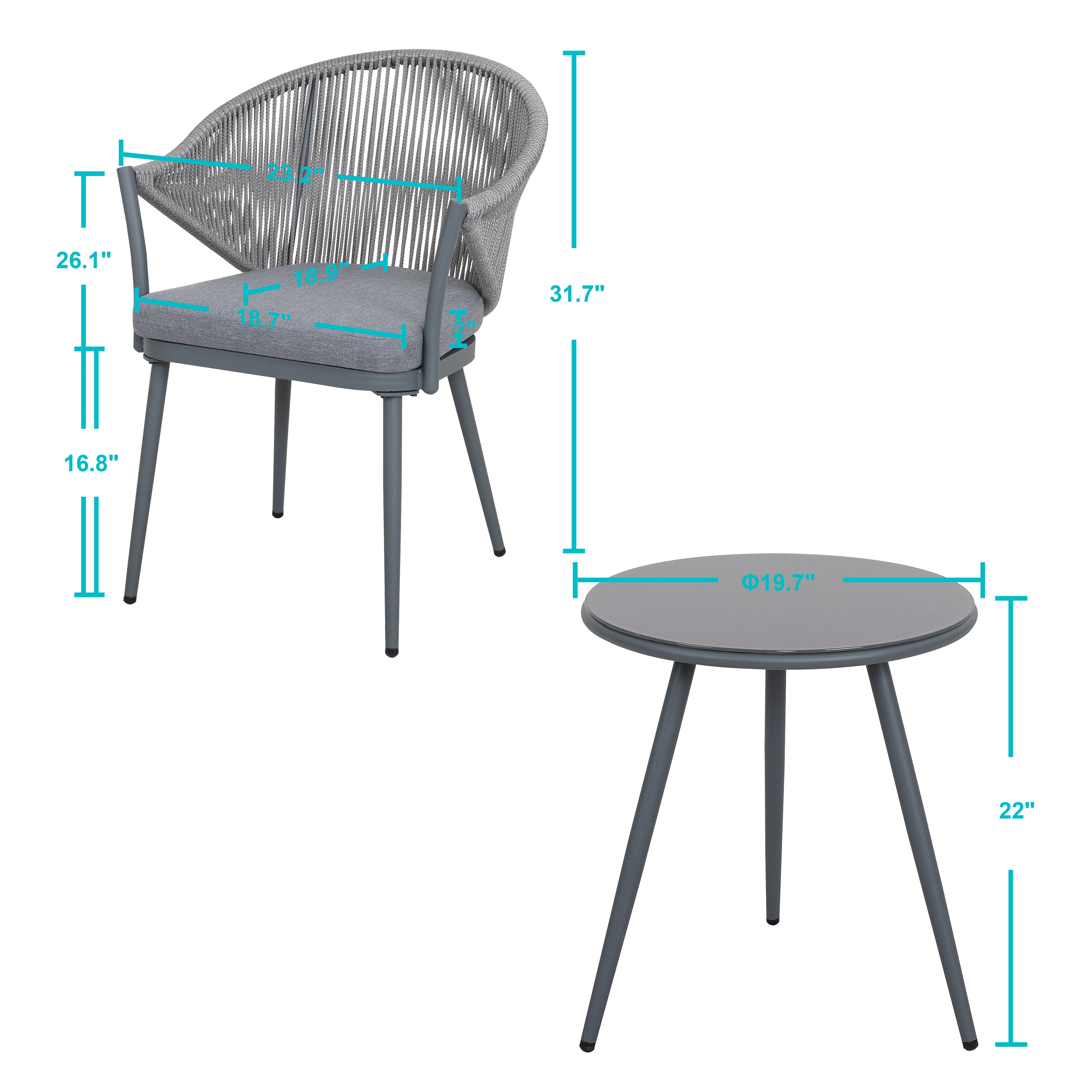 Spade Outdoor Patio Seating Set 2 Chairs and 1 Table Set (Grey) Braided & Rope