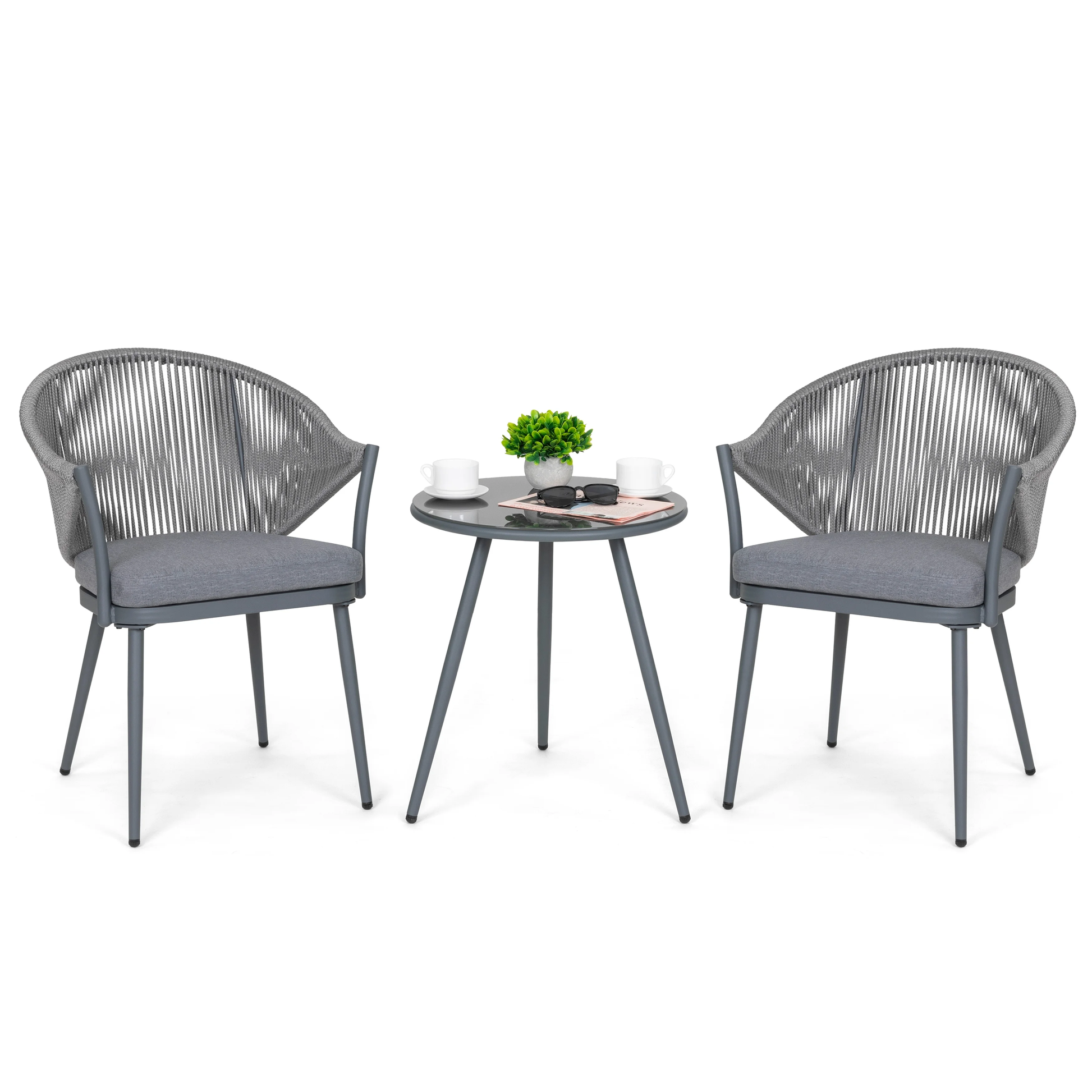 Spade Outdoor Patio Seating Set 2 Chairs and 1 Table Set (Grey) Braided & Rope