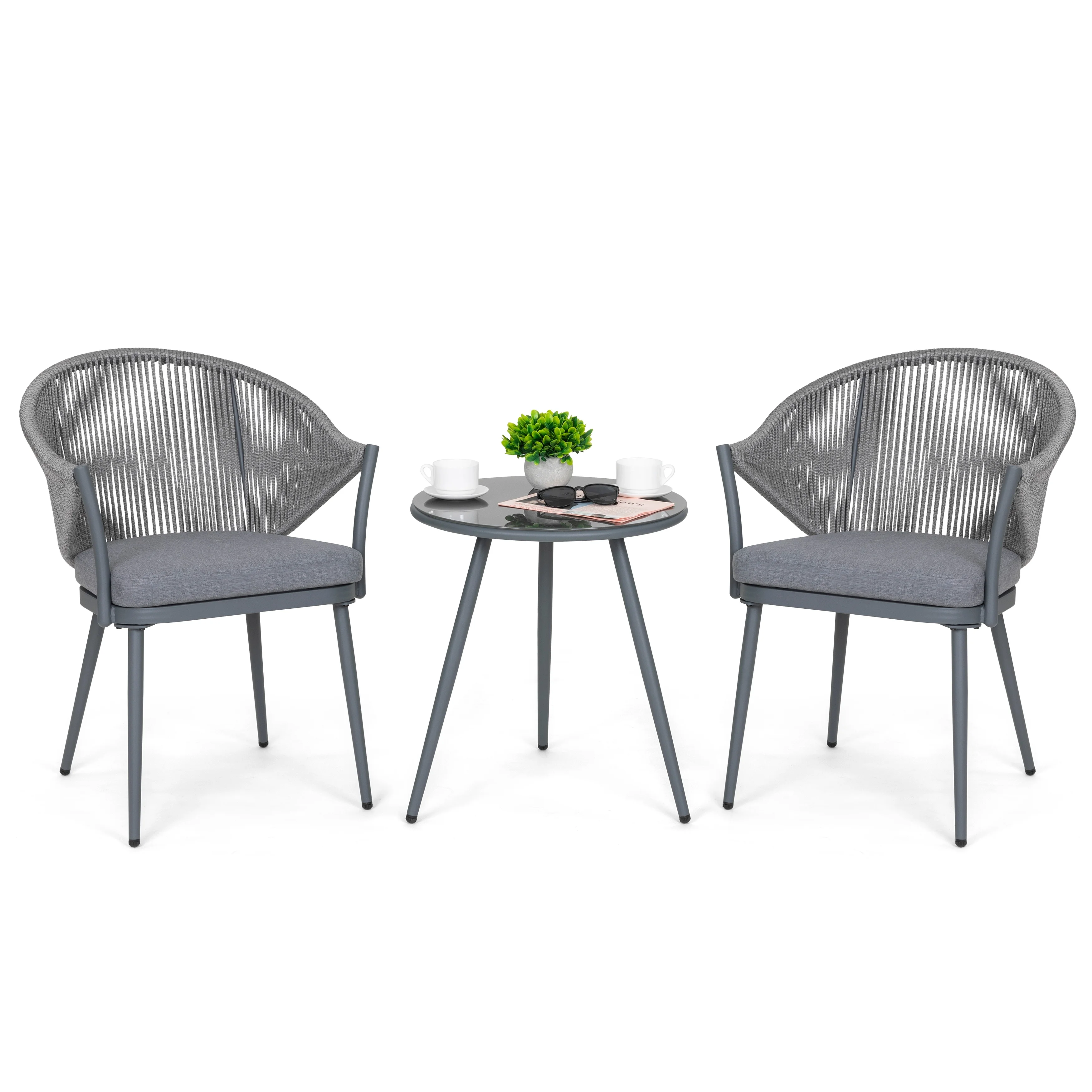 Spade Outdoor Patio Seating Set 2 Chairs and 1 Table Set (Grey) Braided & Rope