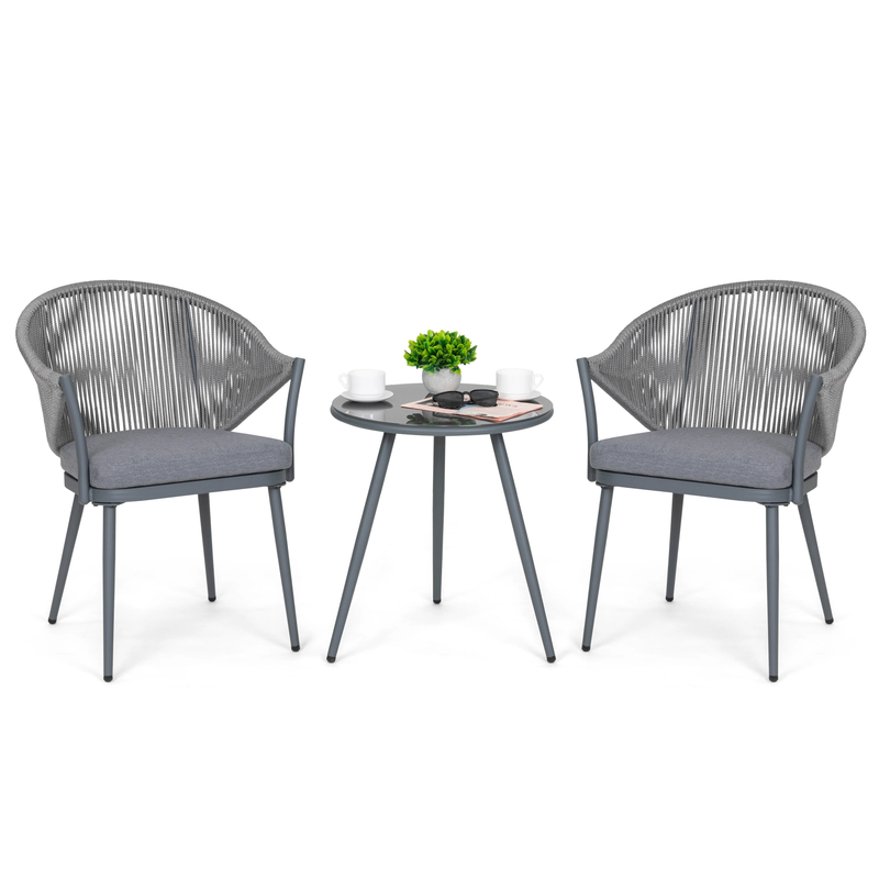 Spade Outdoor Patio Seating Set 2 Chairs and 1 Table Set (Grey) Braided & Rope