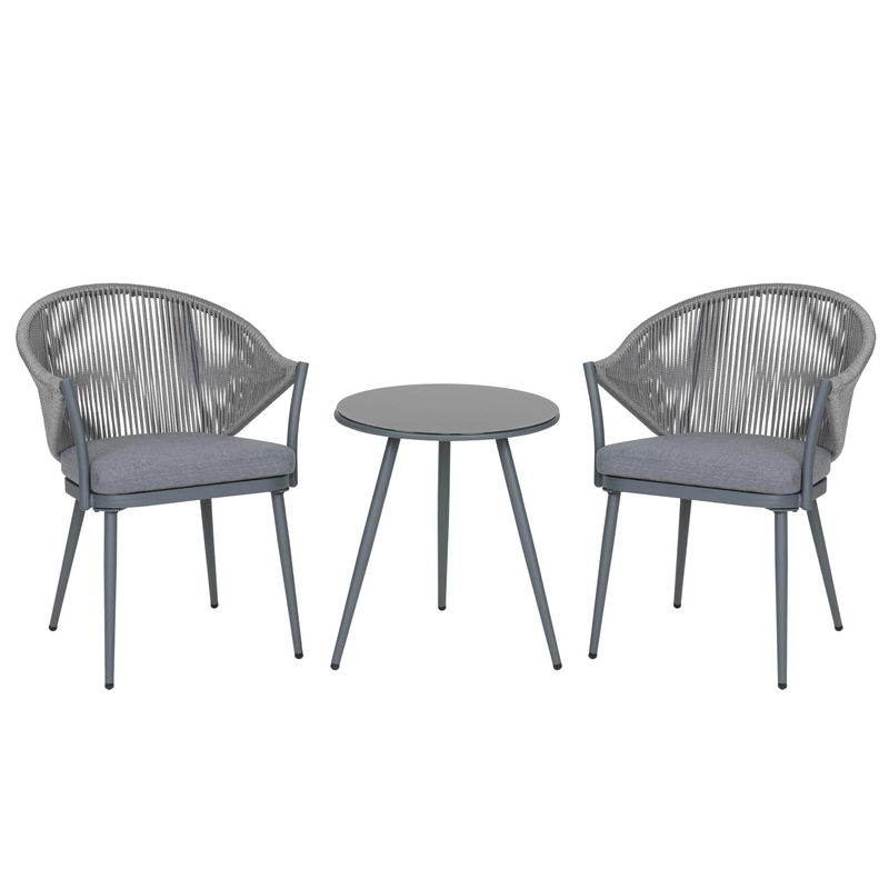 Spade Outdoor Patio Seating Set 2 Chairs and 1 Table Set (Grey) Braided & Rope
