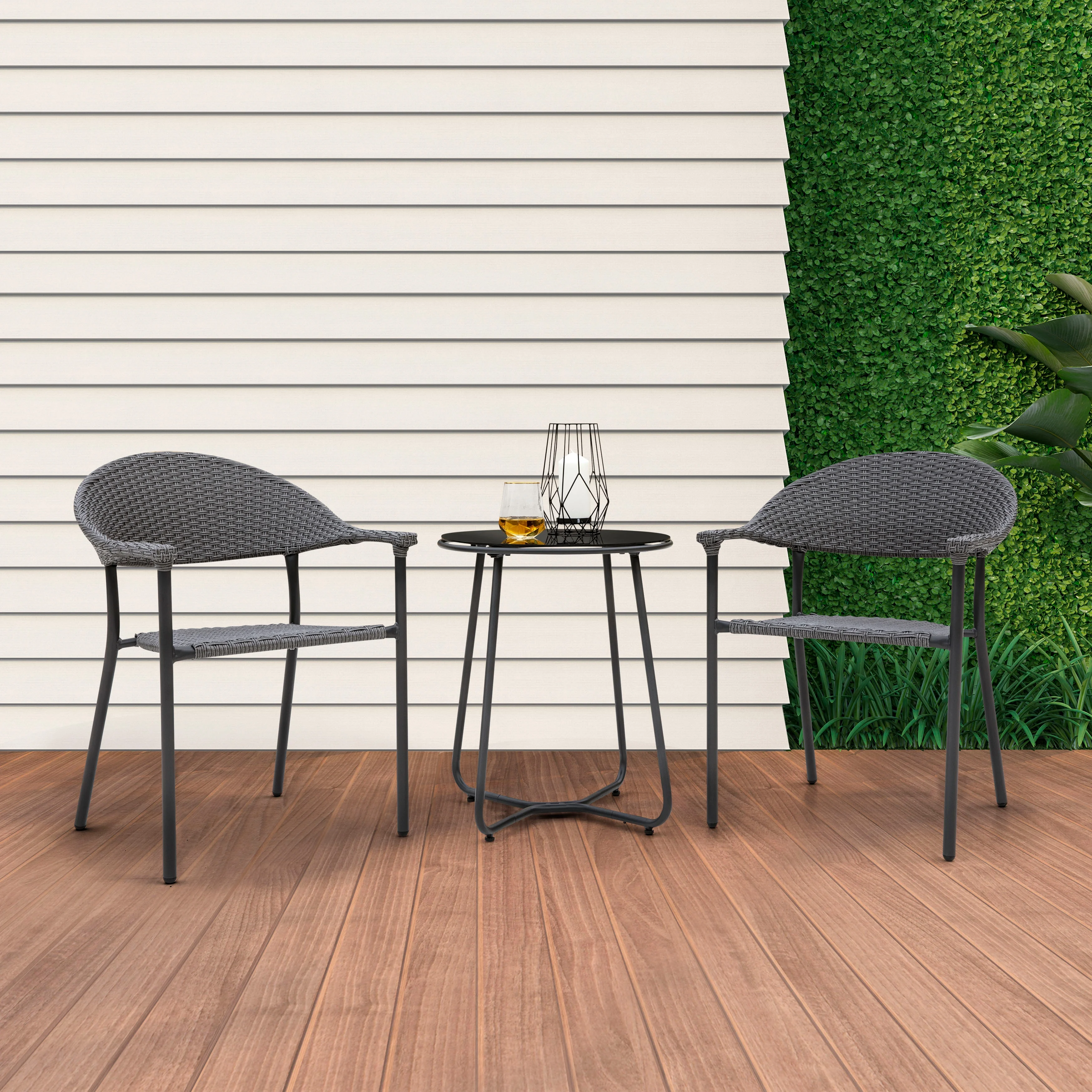 Topia Outdoor Patio Seating Set 2 Chairs and 1 Table Set (Dark Grey)