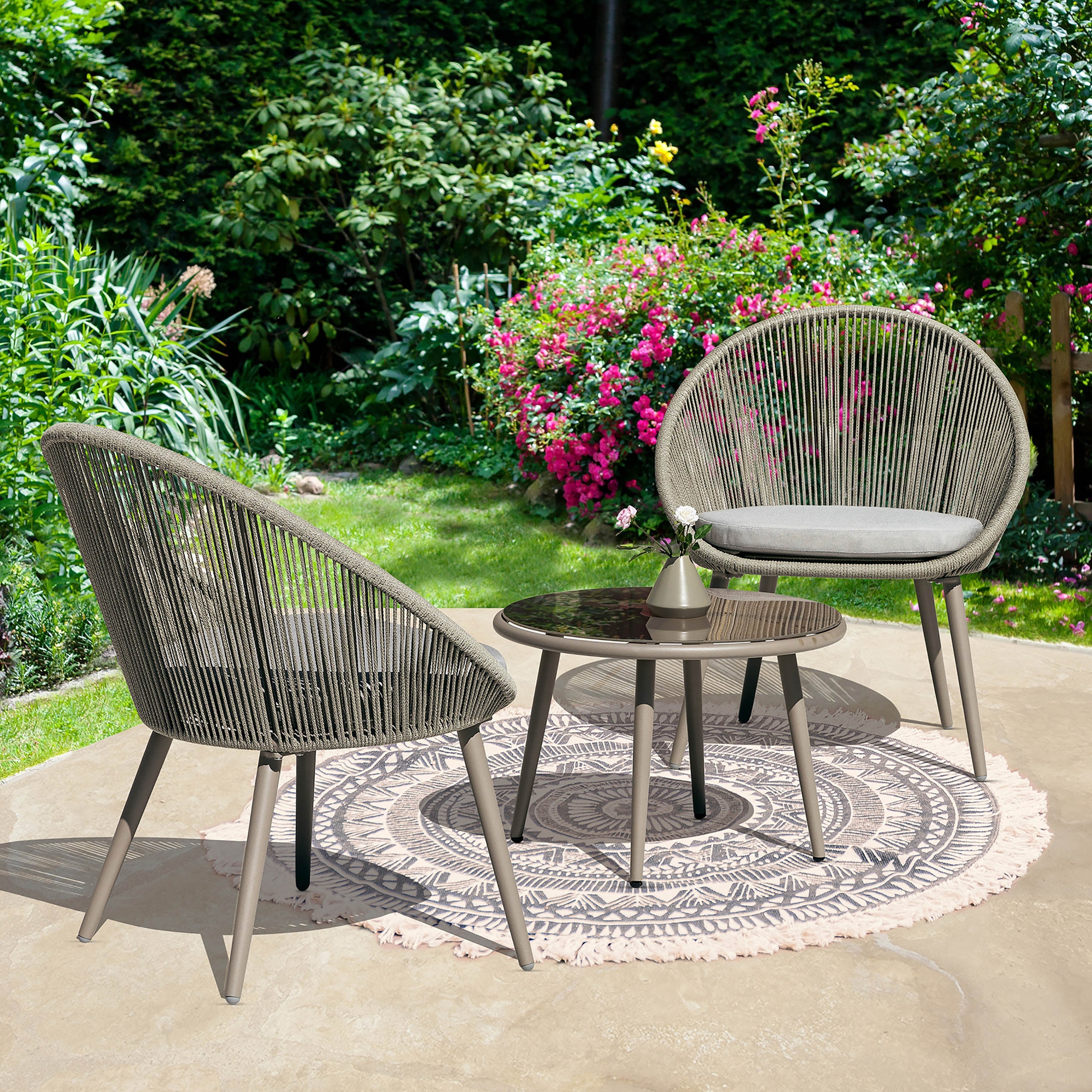 Yawl Outdoor Patio Seating Set 2 Chairs and 1 Table Set (Grey) Braided & Rope